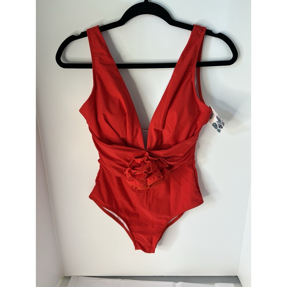 NWT B2Prity Red One Piece Swimsuit Deep V Neck 3D Flower Detail